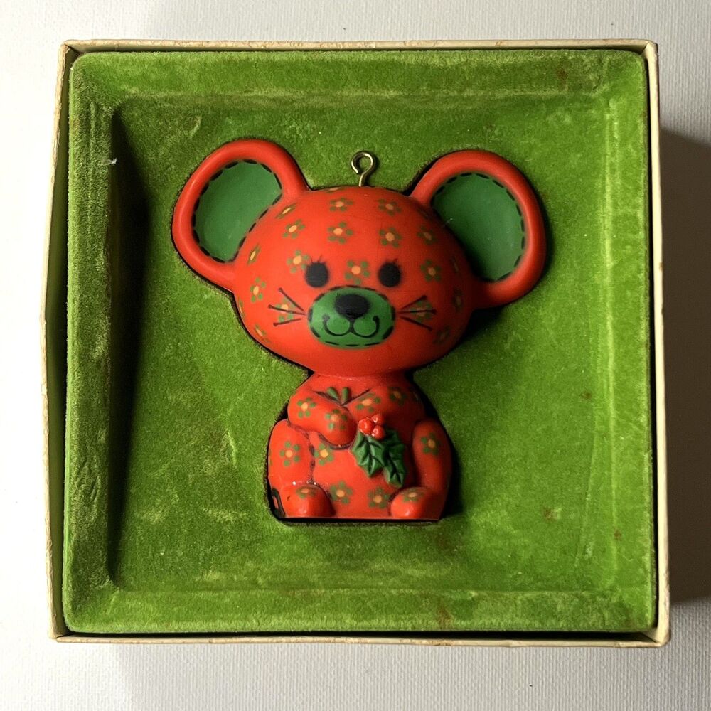 Vintage 1978 Hallmark Tree Trimmer Calico Mouse Christmas Ornament Red With Box